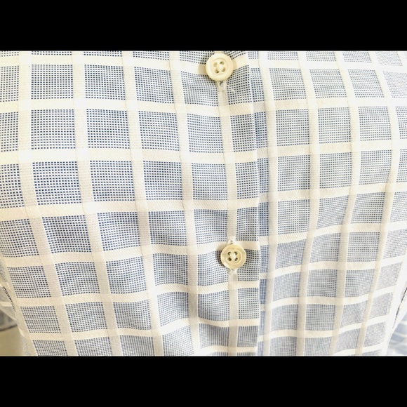 Blue & white check pattern button up cotton dress shirt white collar French cuff - Picture 12 of 16